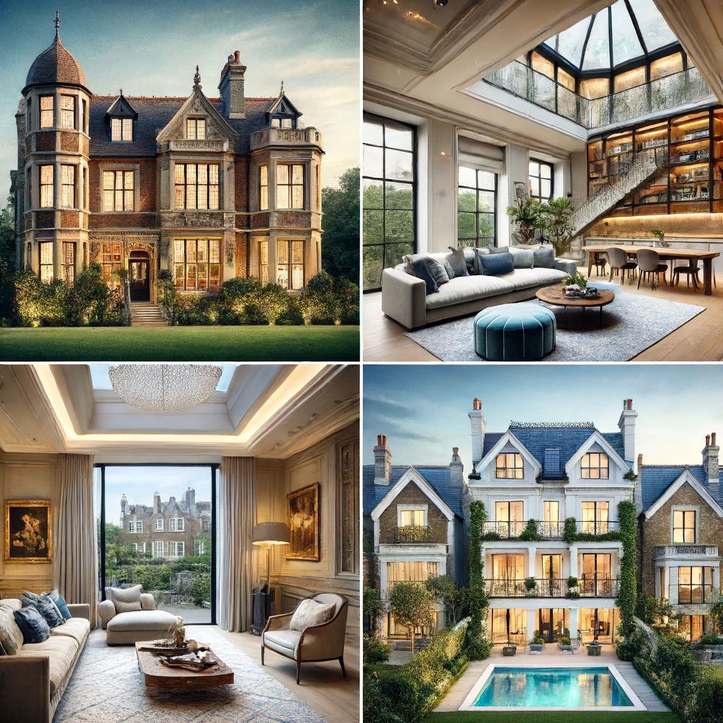 DALL·E 2024-06-17 07.29.18 - A montage of luxury properties in the UK, including a historical mansion in the countryside, a modern penthouse in London, and a stylish townhouse